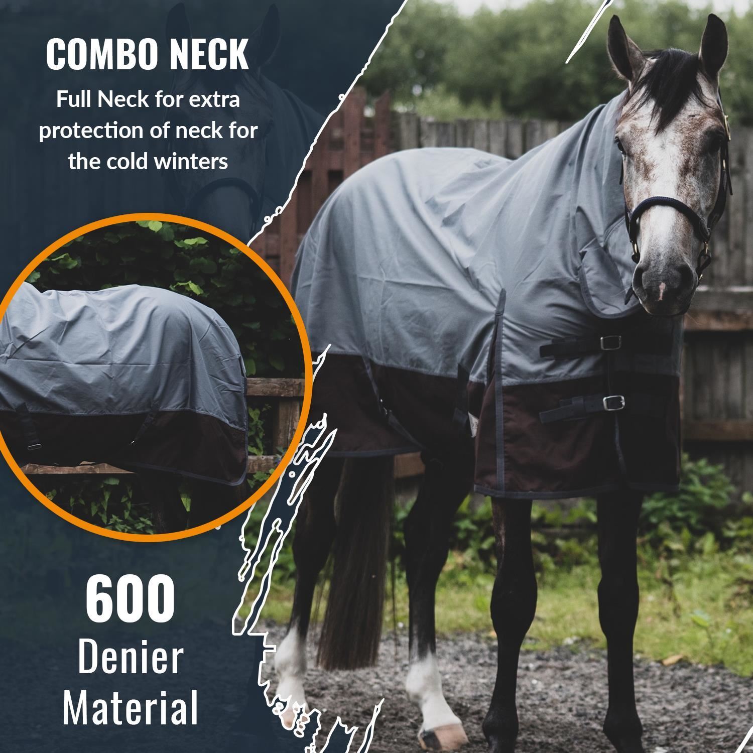 Turnout 600D Lightweight Horse Rug Waterproof Combo Full Neck Grey