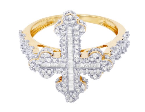 Baguette Cross 7/8 CT Real Diamond Ring 10K Yellow-White Gold - 第 3/7 張圖片