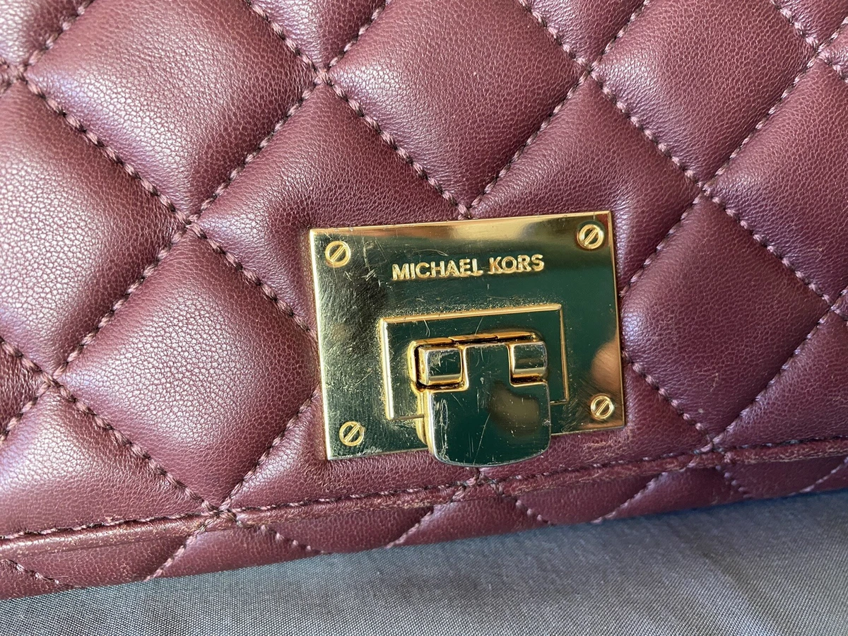 Michael Kors Wallet Astrid Carryall Quilted Leather Maroon Red Toggle