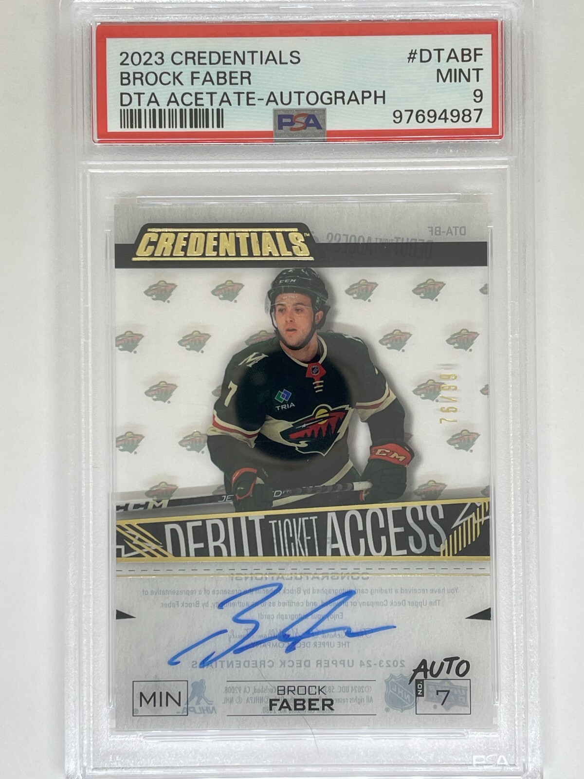 2023-24 UD Credentials BROCK FABER Debut Ticket Access Acetate Auto 76/99 PSA 9