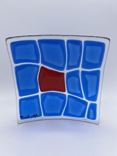 Blue And Red Fused Glass Decorative Curved Square Plate Signed