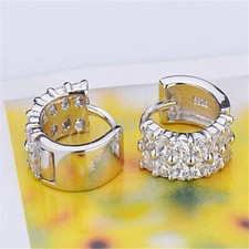 Women's Genuine 925 Sterling Silver 4mm Wide Crystal 0.55" Small Hoop Earrings