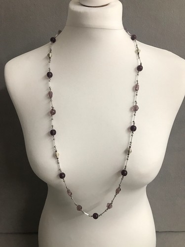 M&S Silver Tone Bar Link Long Length Necklace Purple Acrylic Beads Boho Flapper