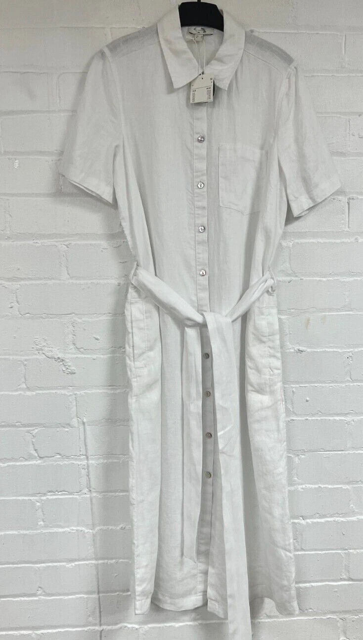 White Pure Linen Button Up Belted Dress Sizes 8-20 (G1.9) WITH POCKETS