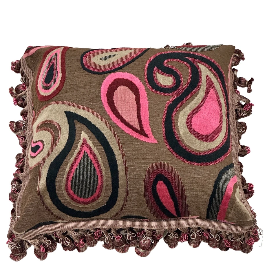 Custom Woven Throw Pillow Down Insert Feather Tassels Paisley Flowing 16" x 16" - Image 4 of 4