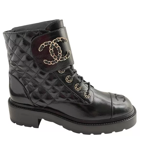 Chanel brown-black quilted tweed chain biker boots