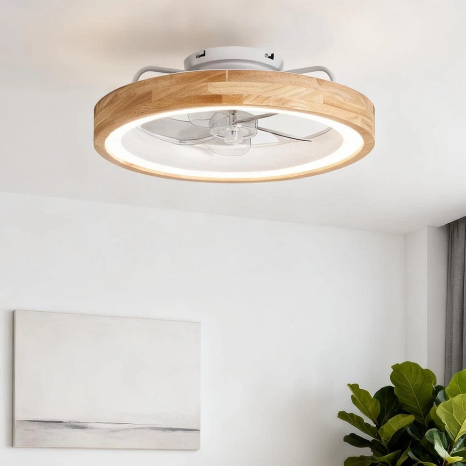 Wood 20" Low Profile LED Ceiling Fan Light Flush Mount with Remote APP Control