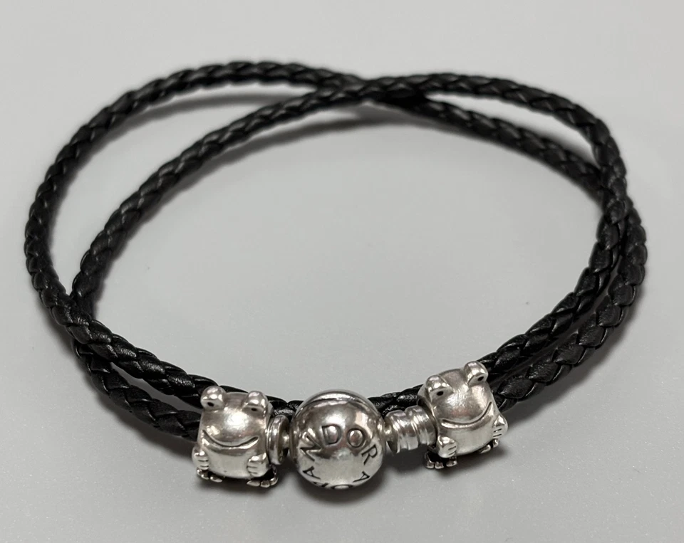 Gargantilla de cuero trenzado negro de plata esterlina .925 Pandora Ale con 2 dijes de rana Foto 3 de 4