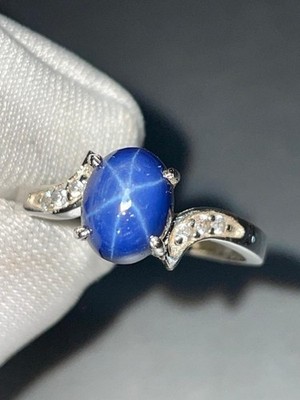 Blue Lindy Star Sapphire Ring 925 Sterling 6 Rays Star CZ Ring Engagement Ring