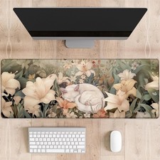 Cute Floral Cat Gaming Mouse Pad White Sleep Flower Large Desk Mat 31.5x11.8