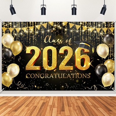 Graduation Backdrop Black and Gold Congratulations Class of 2026 Banner 2026 Gra