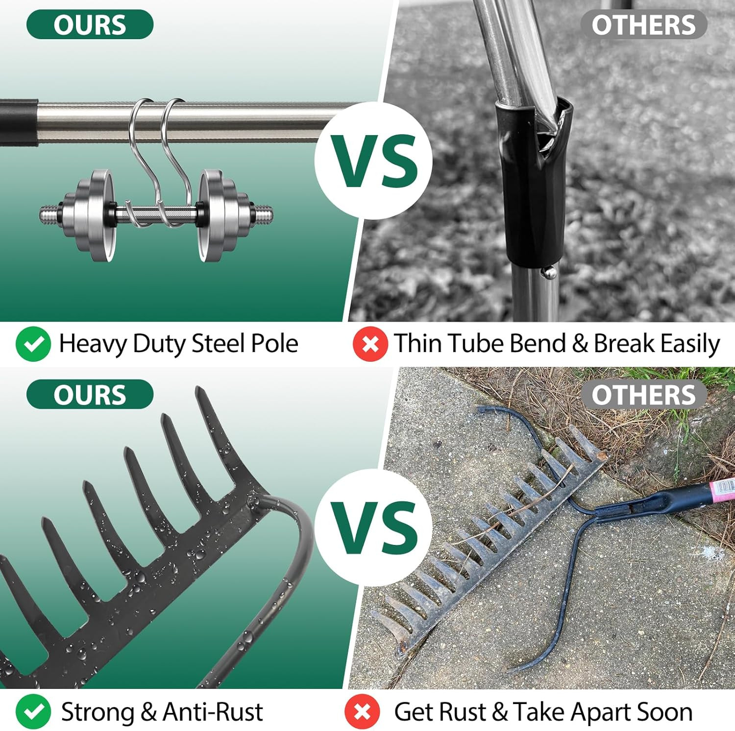 Heavy-Duty Garden Rake with 5 Ft Handle and 14 Metal Tines for Yard Work