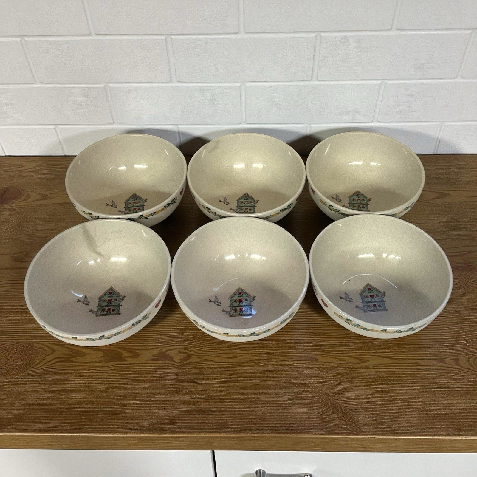 Set of 6 Thomson Pottery Casuals Birdhouse Hearts 6 " Cereal Soup Bowls Beige