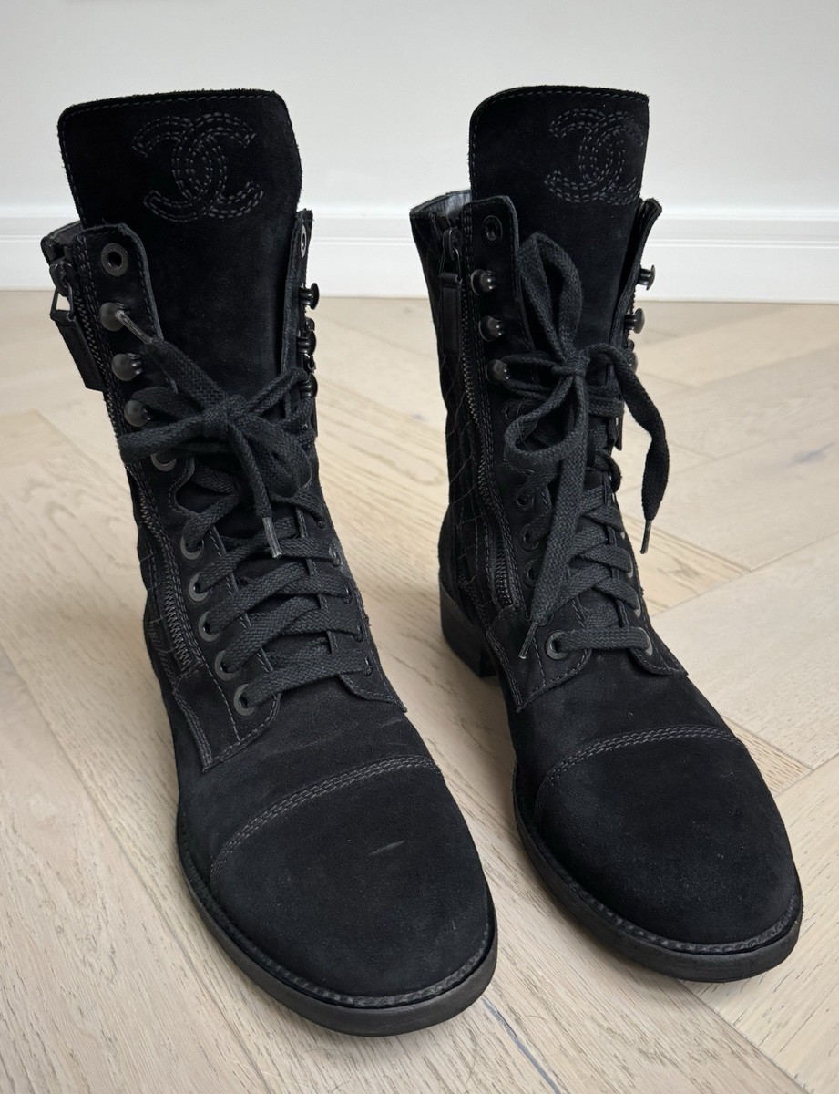 Authentic Chanel Black Suede Leather CC Logo Combat Moto Boots EU