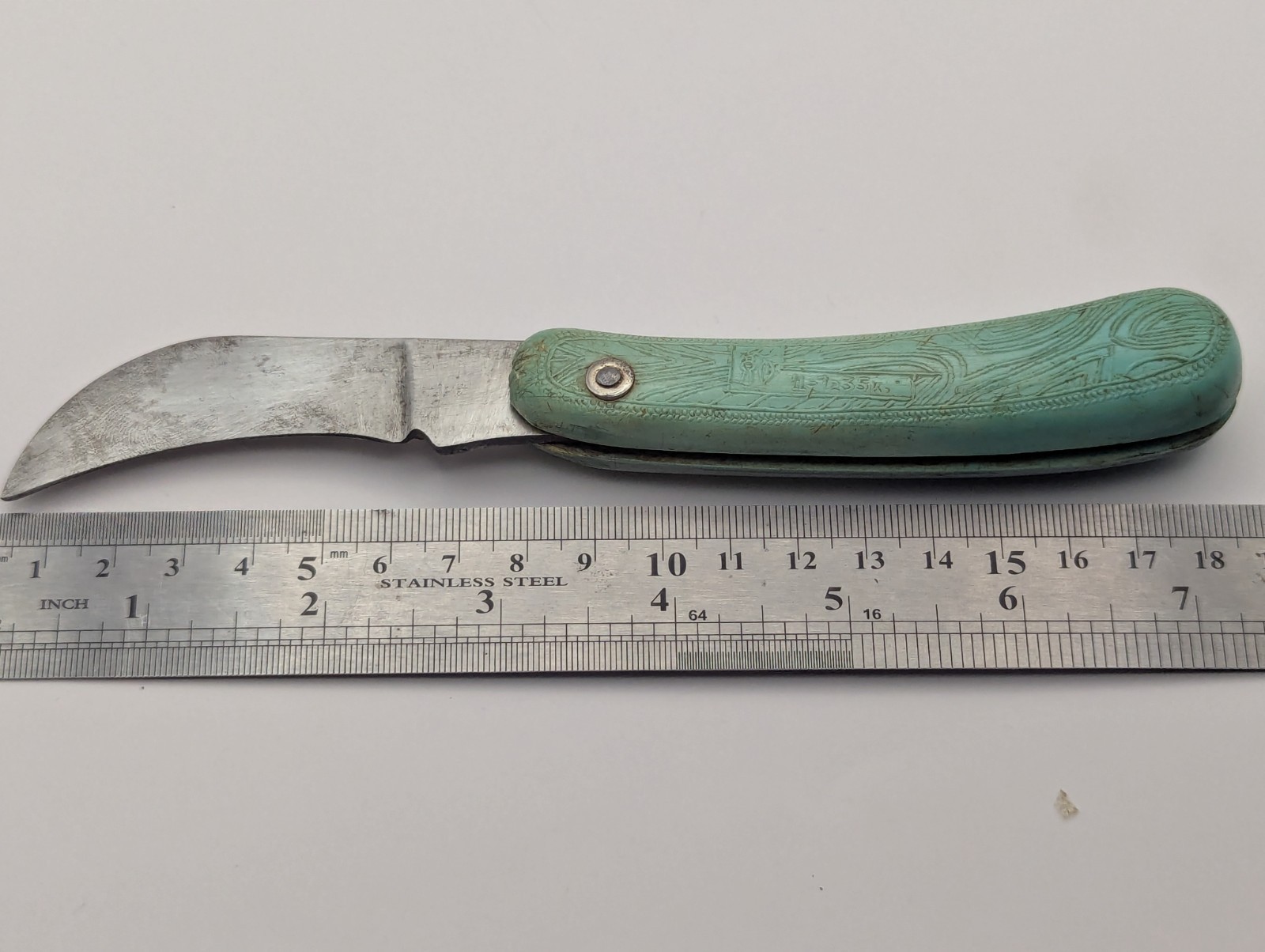 Vintage Soviet Gardening Pruning Knife Green Plastic Handle Curved Blade USSR