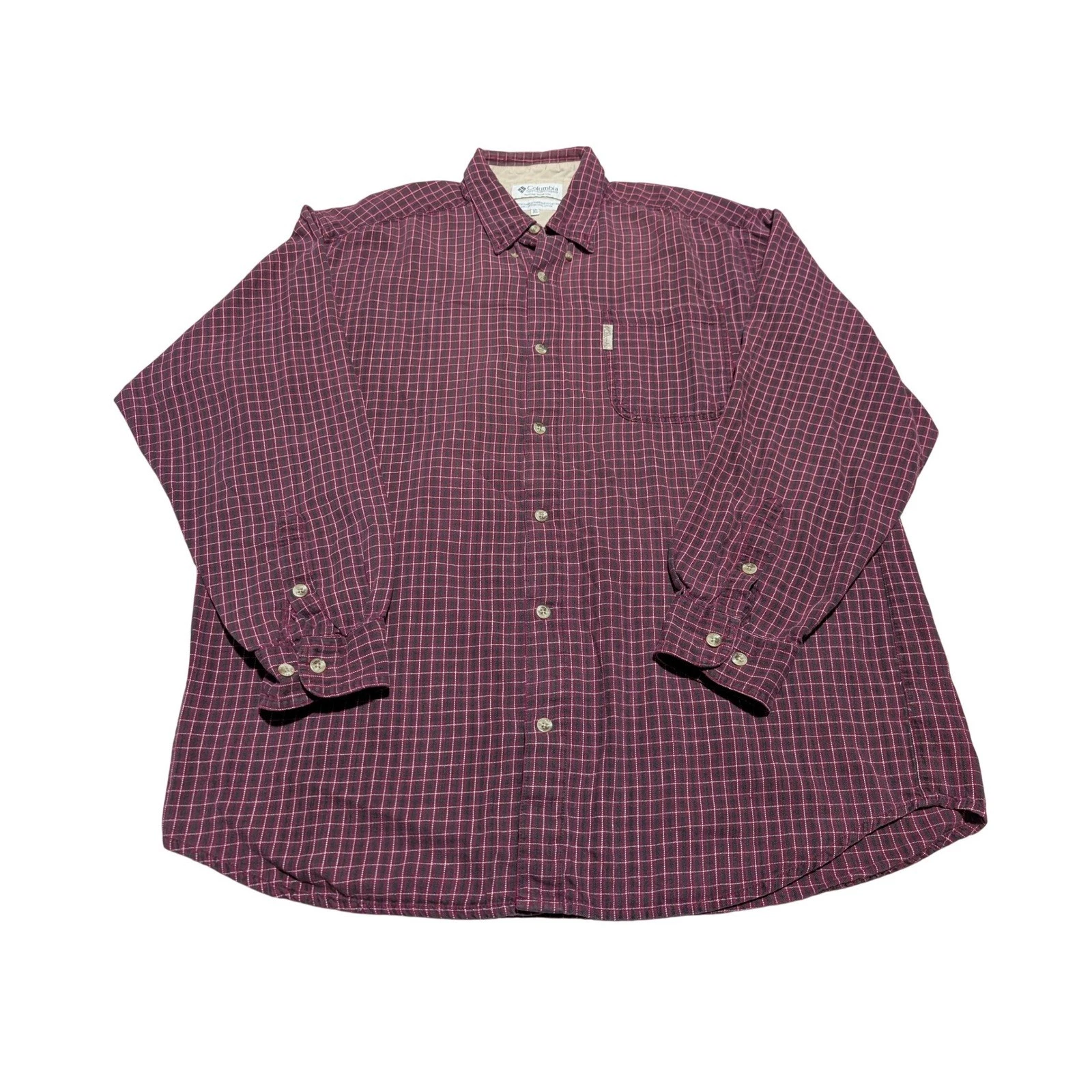Columbia Vintage Flannel Shirt Men's XL Burgundy Plaid Long Sleeve Outdoor