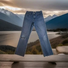 Levis 550 Relax Boot Cut Jeans 12L Tall Blue Stretch Denim Raw Hem Holes *flaw