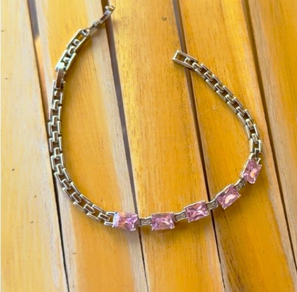 Pulsera Baguette Cristal Rosa Tono Plata Platino Chapado Joyería de Lujo Foto 3 de 4