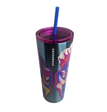Starbucks 2024 24oz Blue Stainless Tumbler Pink Floral Vacuum Insulated - NEW-
