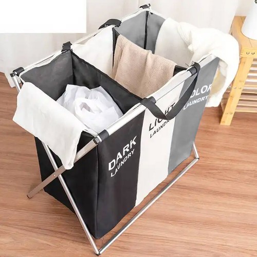 Folding Light Dark Colour 3 Section Laundry Basket Hamper Clothes Bin Organiser - Picture 5 of 16