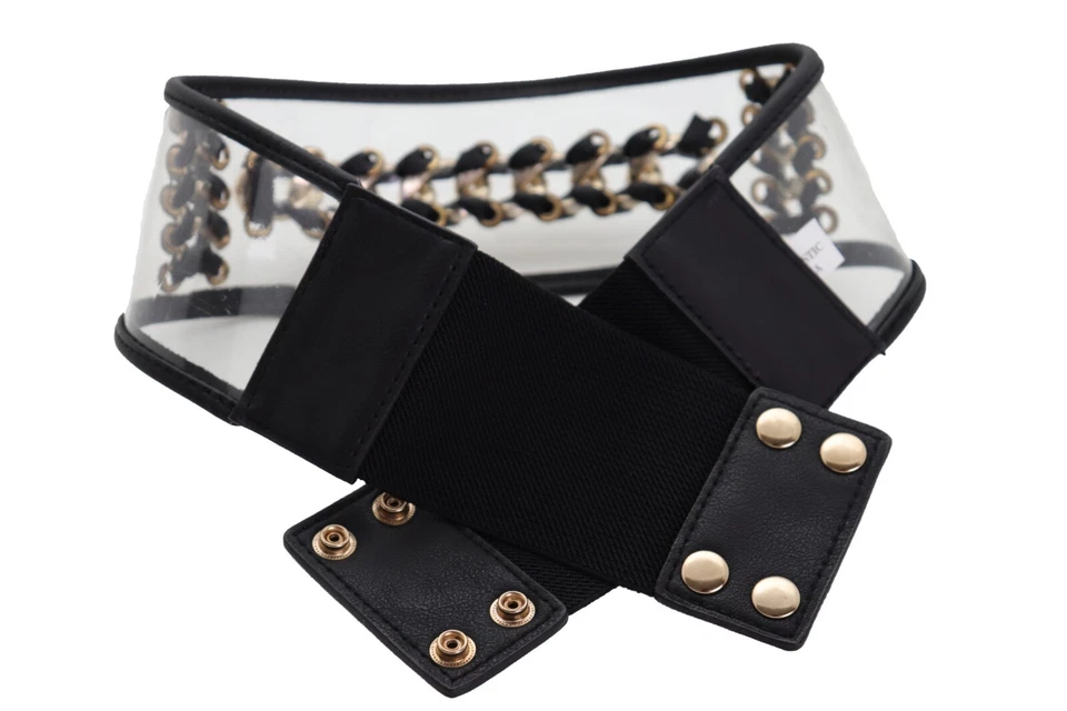 Cinturón ancho negro elástico cintura cadera cinturón metal dorado cadena eslabón talla XS S para mujer Foto 4 de 4