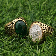 Mens Gold Plated Green Cats Eye Stone Ring Men Stainless Steel Size 7-13