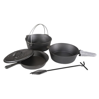 NEW Stansport 6-Piece Cast Iron Camping Cookware Set Fry Pan Dutch Oven Kit