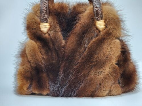 Paola Del Lungo Nerz Pelz Braun Leder Tasche Made In Italy - Bild 4 von 18