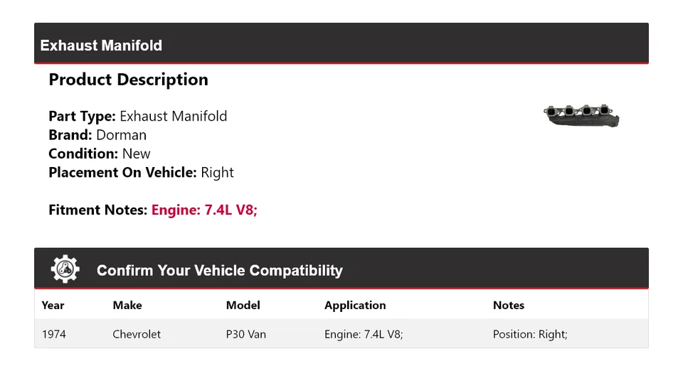 For 1974 Chevrolet P30 Van 7.4L V8  Dorman Exhaust Manifold Right - Image 2 of 4