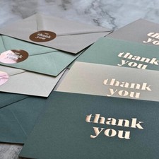 36 Thank You Cards With Envelopes and Stickers, Elegant Green Embossed Gold Foil