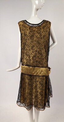 FLAPPER 1920'S IRIDESCENT GOLDEN SILK LACE DRESS W