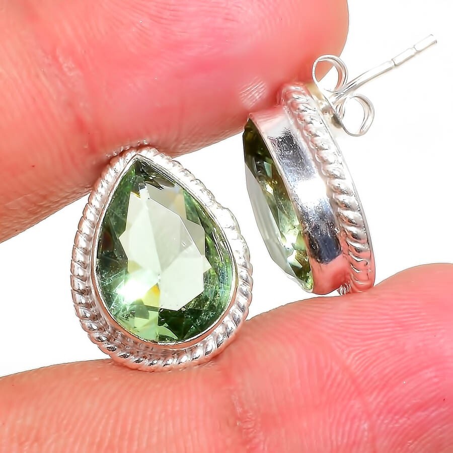 Green Amethyst Gemstone 925 Sterling Silver Jewelry Stud Earring Sz