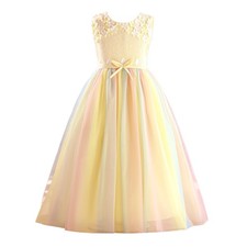 RerCu Kids Long Tulle  Lace Dress with Flower Motif Recital 