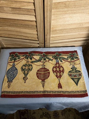 Christmas Tapestry Placemats Hanging Ornaments & Holly Leaf India 12 X 19 in