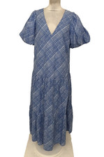 M&S Women's Dress Size 16P Navy Mix Check Drop Waist Tier Puff Sleeve V-neck New