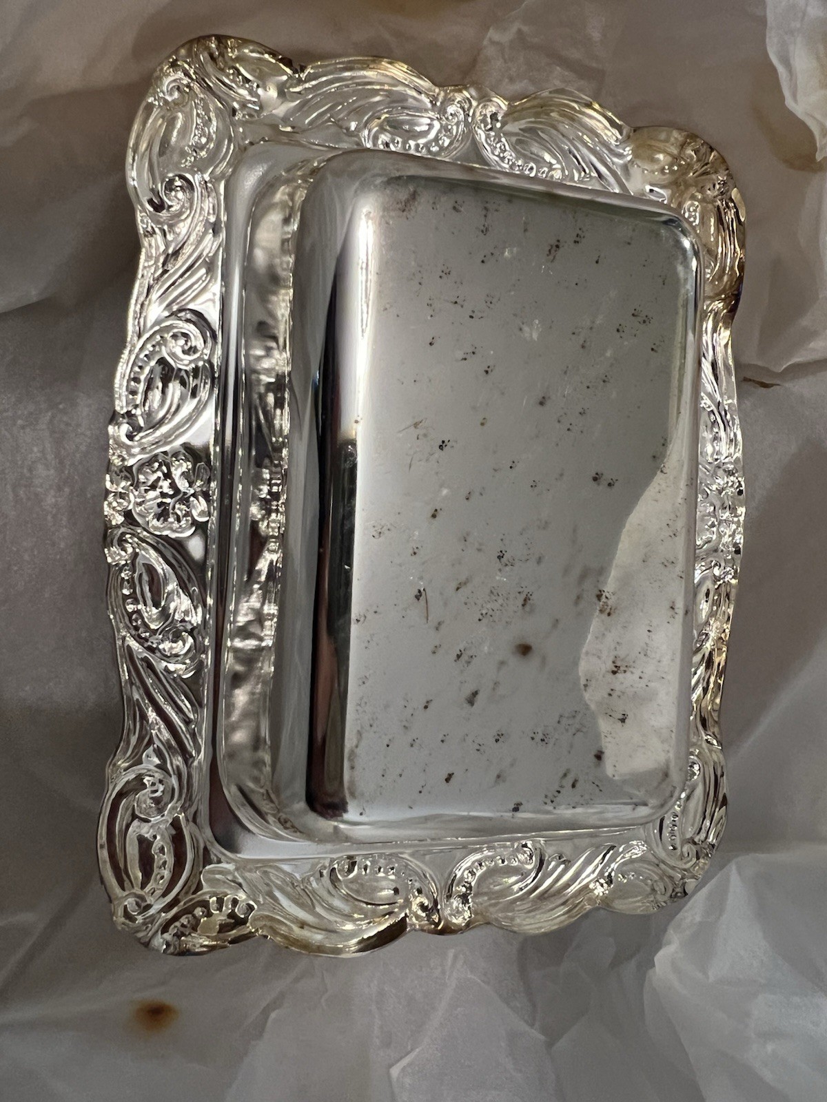 NOS Vintage Silver Plate Butter Dish Ornate with Glass Insert 4.75” Unique Size