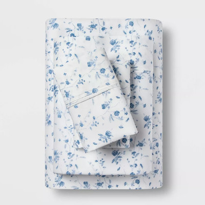 Threshold Queen Performance Cotton Sateen Floral Sheet Set 4pc Blue/White & Rust