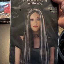 Long Straight Black Hair w/White streak Wig Costume Adult Size Halloween Party