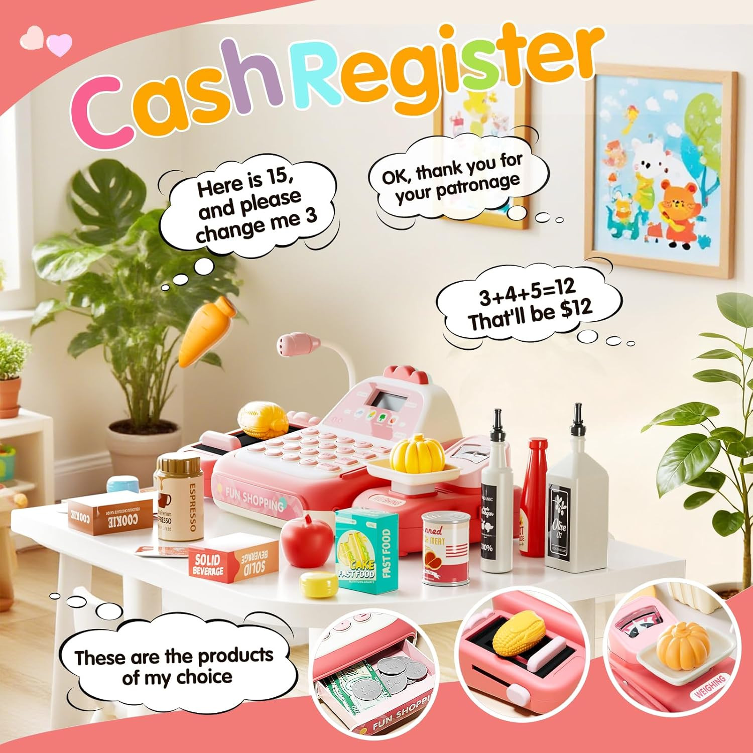 как выглядит 49PCS Kids Cash Register Toy Set with Calculator, Scanner, Microphone, Pink фото