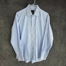 David Donahue Dress Shirt Men 17-34/35 Blue Plaid Trim Fit Button Up Long Sleeve