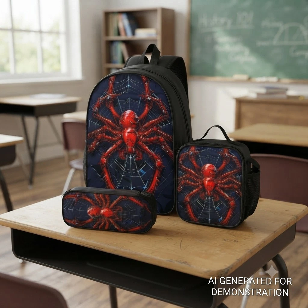 3-Piece Kids Spider Backpack Set, Red Black Graphic Print Backpack with Matching Lunch Box and Pencil Pouch