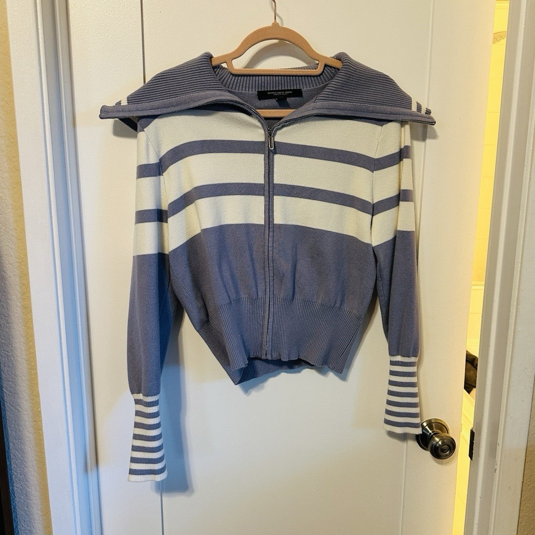 Marc New York Andrew Marc Light  Blue/White Striped Knit 1/4 Zip Sweater S Women