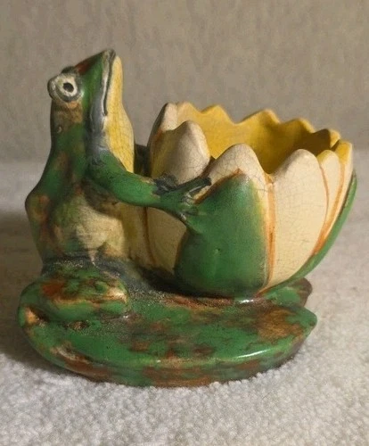 Weller Pottery Coppertone Frog on Lily Pad Lotus Vase Bowl Vintage READ