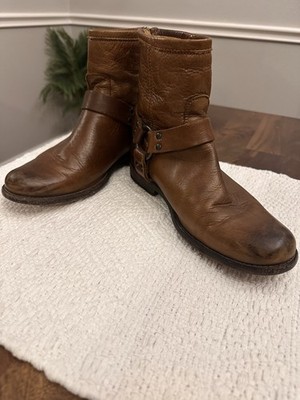 Frye Brown Leather Harness Ankle Boots Back Zip Women s 7.5B Made in Mexico