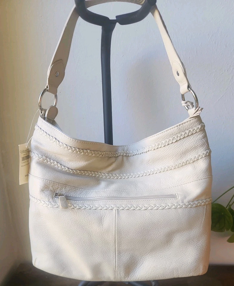 Bolsa balde Coldwater Creek Darlington couro genuíno branca bolsa de ombro - Imagem 2 de 4