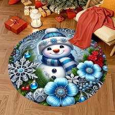 Xmas Blue Christmas Hat Snowman Floral and Holly Berry Round Living Room Mat, So