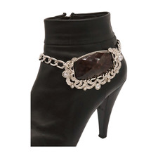 Women Silver Metal Chain Boot Bracelet Shoe Big Brown Bead Charm Western Jewelry