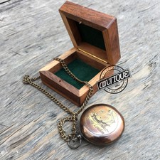 Vintage Beau Marin Cadeau Ornement Boussole Travail Chaîne Poche W / Bois