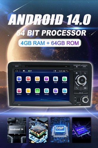 4GB+64GB For AUDI A3 S3 RS3 8P 8PA SAT NAV Android 14 Car GPS Navi DVD Stereo BT - Picture 2 of 18