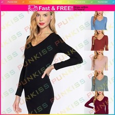Women's Cotton Rib Knit Long Sleeve V Neck Cotton Bodycon Basics Sexy Mini Dress